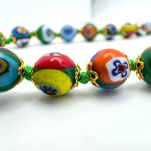 Venice Murano Millefiori Glass Mosaic Bracelet Multicolored Beads GoldTone 16" - Picture 7 of 7